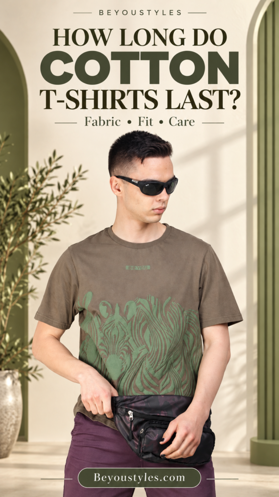 Man wearing a brown T-shirt with a green graphic in an ivory studio, beneath the heading “How Long Do Cotton T-Shirts Last?”