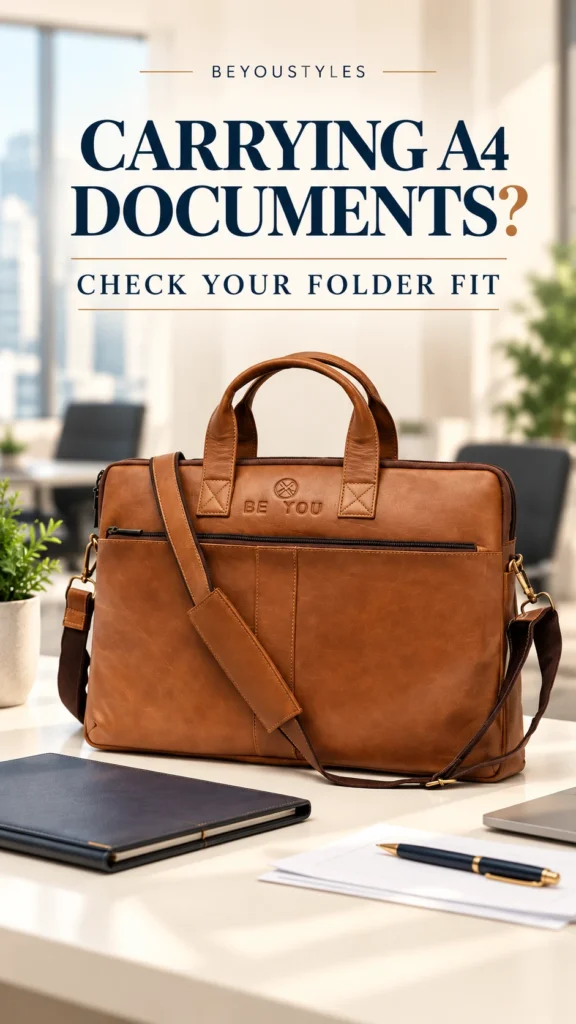 Tan leather laptop bag with shoulder strap on an office desk beside a document folder and papers.