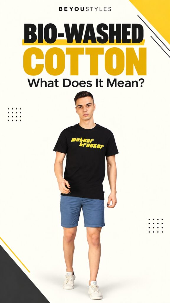 Man wearing a black graphic T-shirt and blue shorts beneath “Bio-Washed Cotton: What Does It Mean?