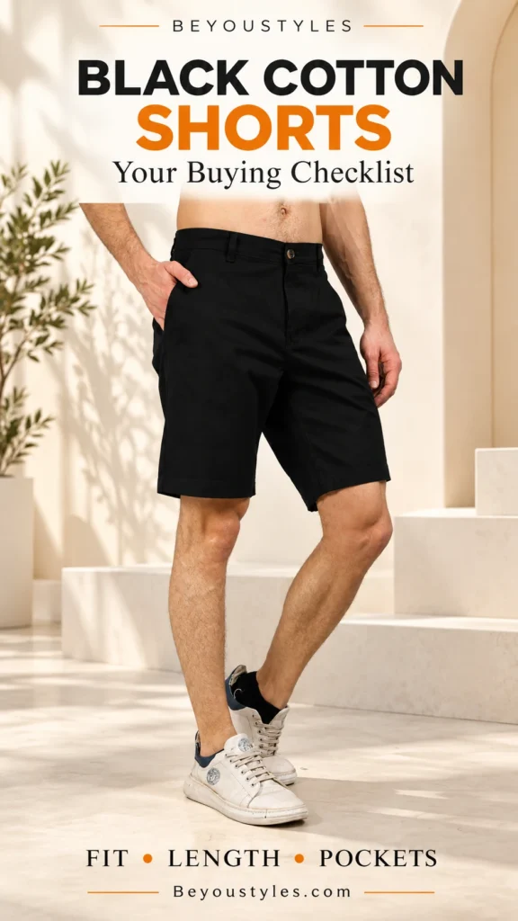 Man wearing black above-the-knee shorts with a button fastening and belt loops, paired with white trainers in an ivory studio setting.