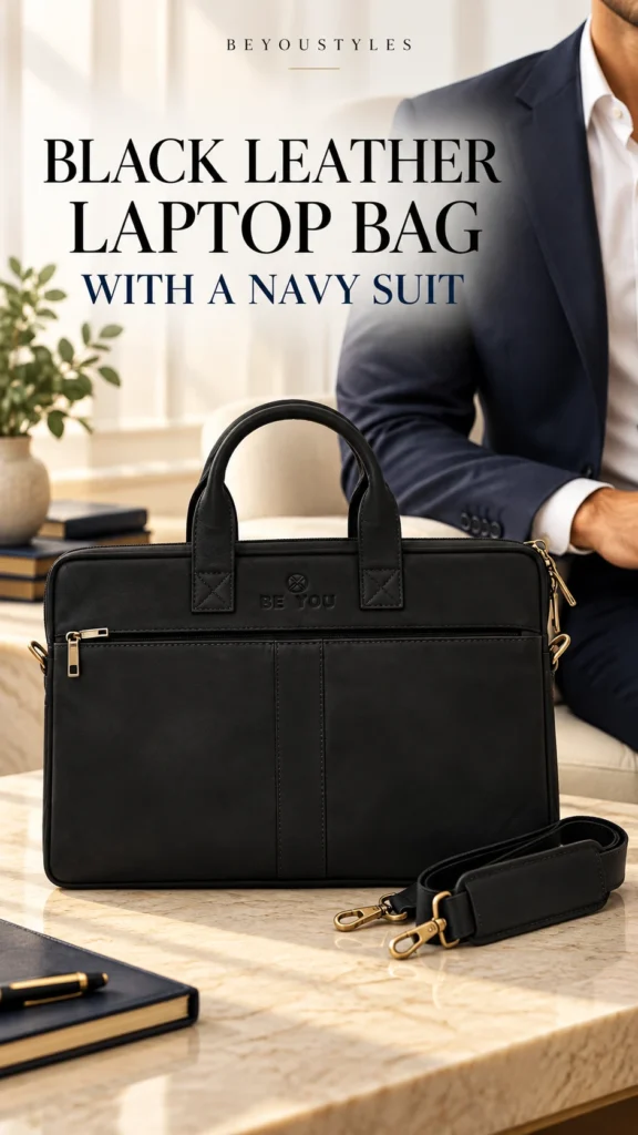 Black BE YOU leather laptop bag with a detachable shoulder strap on an ivory desk beside a man wearing a navy suit.