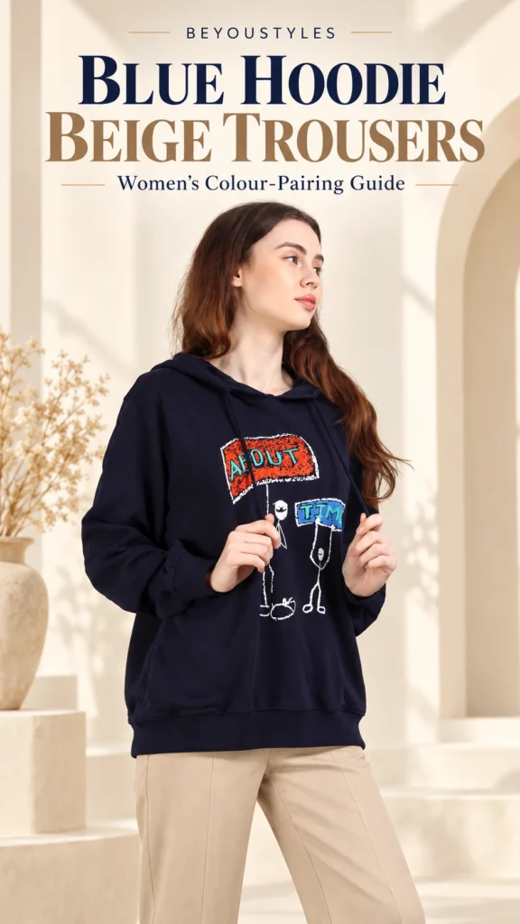 Woman wearing a navy blue About Time graphic hoodie with beige trousers in an ivory studio setting.