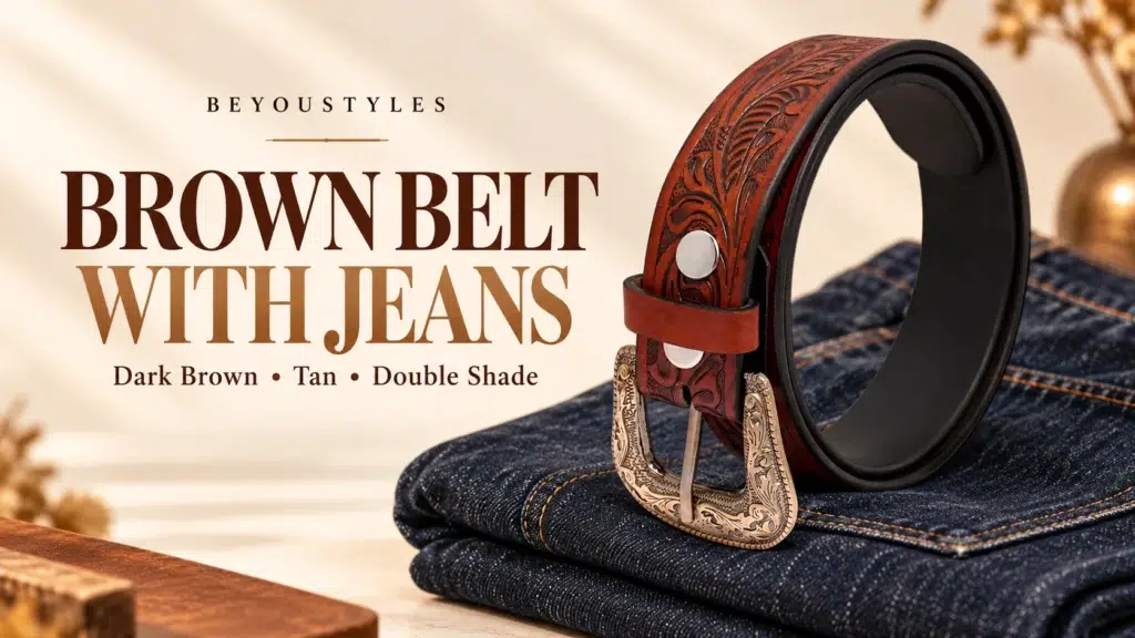 Brown tooled leather belt with an engraved antique-style buckle displayed on folded dark blue jeans.