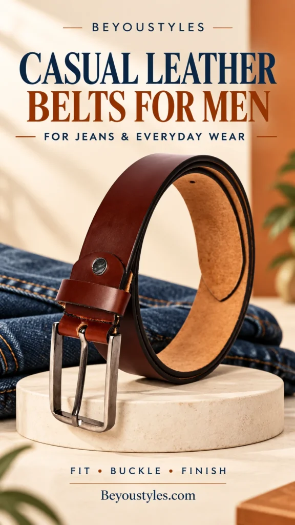 Brown leather belt with a silver rectangular buckle displayed beside folded blue jeans on an ivory pedestal.
