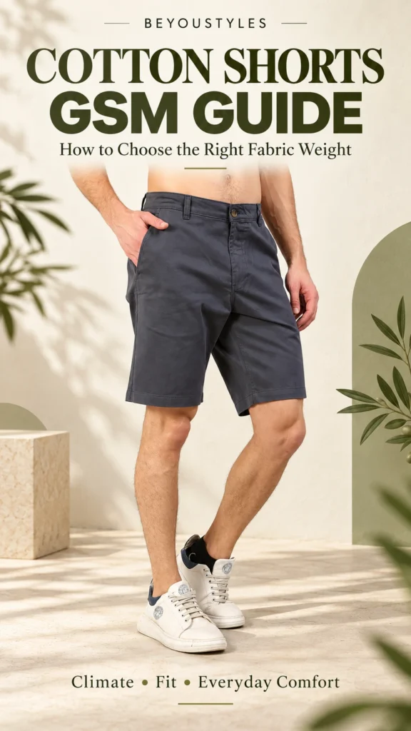 Man wearing charcoal grey shorts and white trainers in a Beyoustyles thumbnail about choosing cotton shorts GSM.