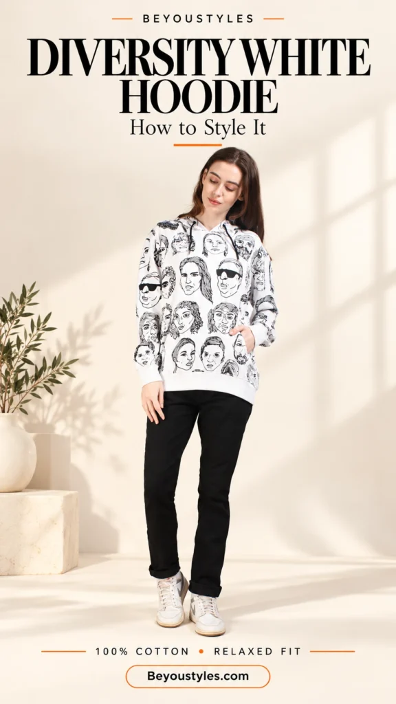 Woman wearing the Beyoustyles Diversity White Hoodie with black illustrated faces, black trousers and white trainers.