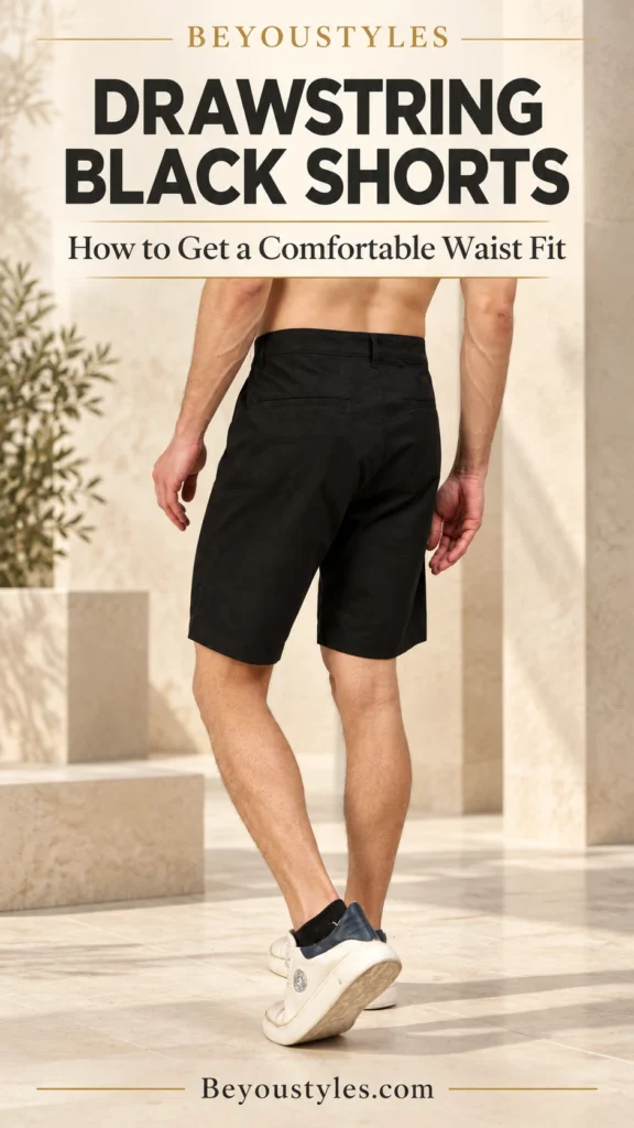 Rear view of a man wearing black shorts and white trainers in an ivory studio, with a Beyoustyles waist fit guide heading.