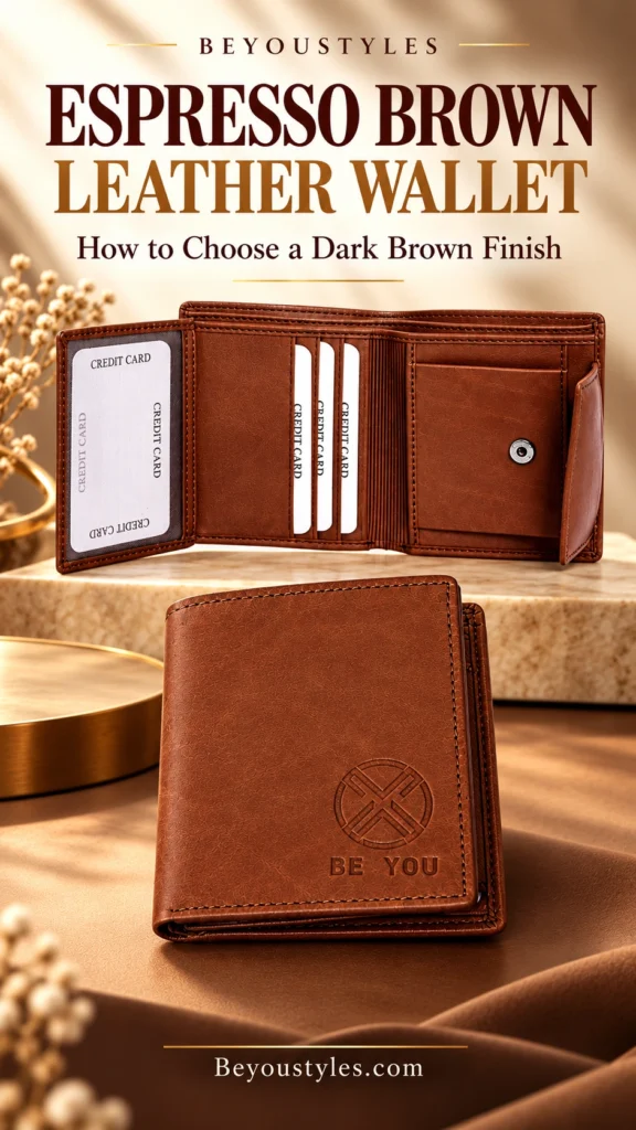 Open and closed espresso brown leather wallets with BE YOU branding on a warm cream background.