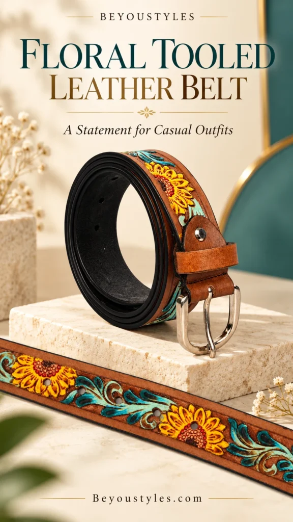 Brown floral tooled leather belt with yellow sunflowers, turquoise scrollwork and a silver buckle displayed on an ivory stone stand.