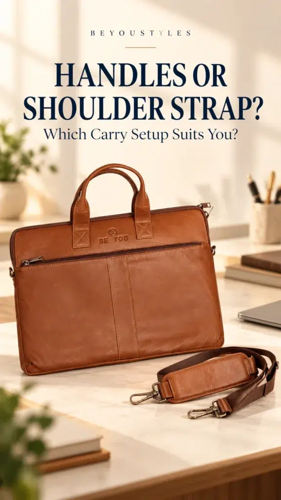 Tan leather laptop bag with twin handles and a detached shoulder strap displayed on a cream office desk.