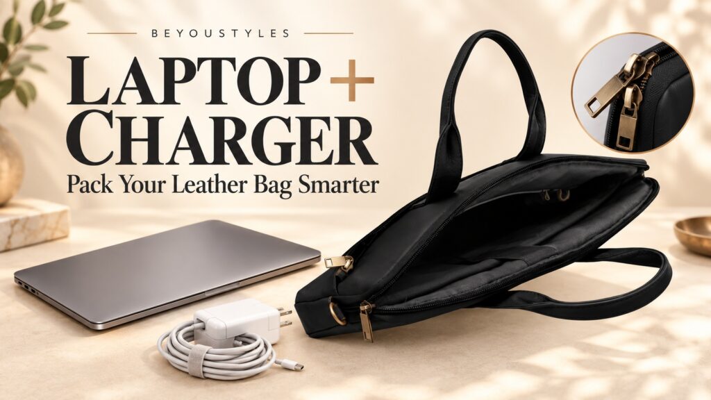 Open black leather laptop bag beside a closed laptop and coiled charger, with a close-up of brass zip pulls.