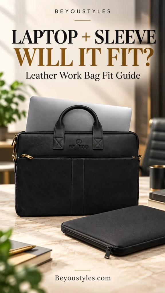 Black leather laptop bag with a silver laptop partially visible and a separate charcoal sleeve on a desk, beneath “Laptop + Sleeve: Will It Fit?”