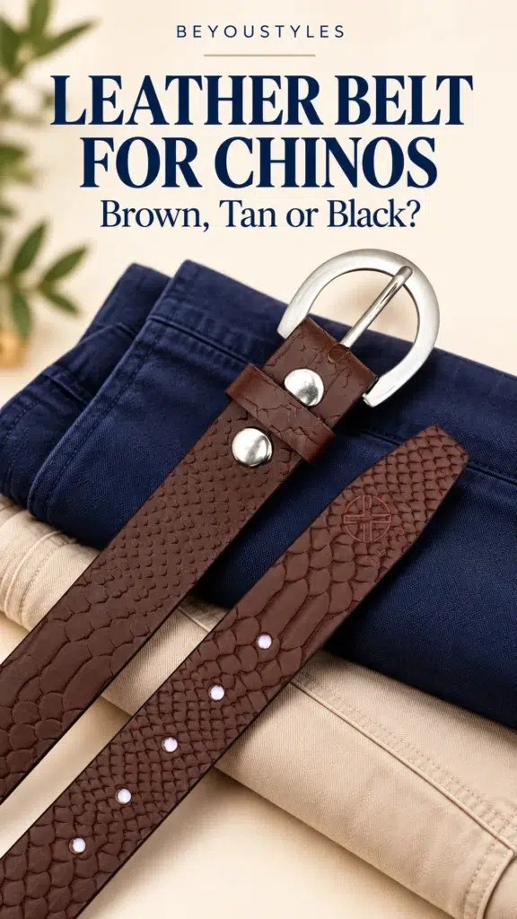 Brown textured leather belt with a silver buckle displayed over folded navy and beige chinos.