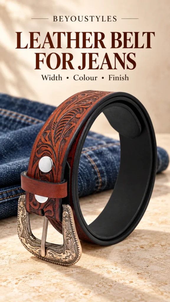 Coiled brown tooled leather belt with an engraved antique-style buckle beside folded blue jeans.
