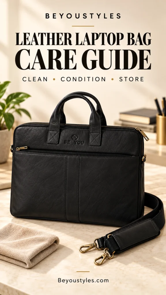 Black leather laptop bag with a detachable shoulder strap and brass-tone hardware beside a soft cleaning cloth in a Beyoustyles care-guide thumbnail.