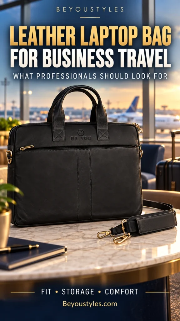Black leather laptop bag with brass hardware and a detachable shoulder strap in an airport lounge.