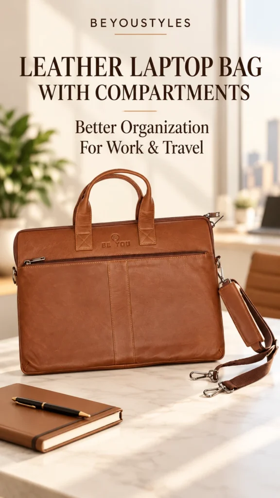 Tan leather laptop bag with carry handles, a front zipper pocket and detachable shoulder strap on an office desk.