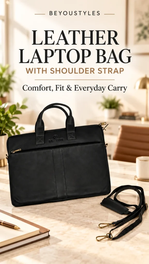 Black leather laptop bag with top handles and a detachable shoulder strap displayed on an office desk.