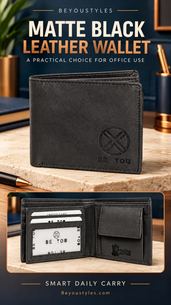 Matte black leather bifold wallet with embossed BE YOU branding, shown closed and open on an office desk.