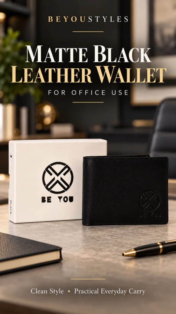 Beyoustyles matte black leather bifold wallet beside a cream BE YOU box on an office desk.