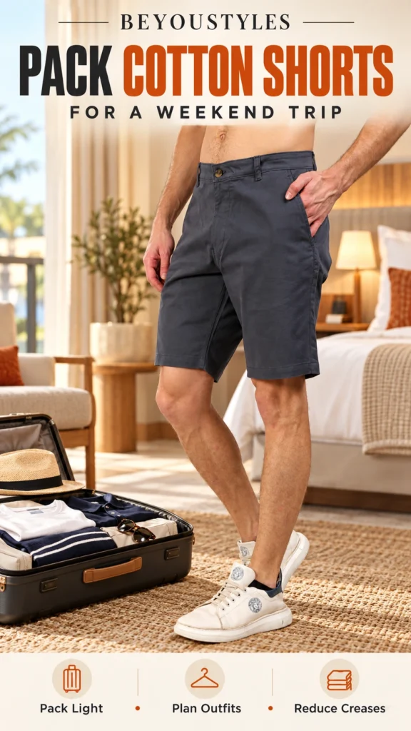 Male model wearing charcoal grey shorts beside an open suitcase in a Beyoustyles weekend packing thumbnail.