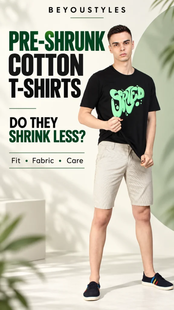 Man wearing a black T-shirt with a green graphic beside the headline “Pre-Shrunk Cotton T-Shirts: Do They Shrink Less?