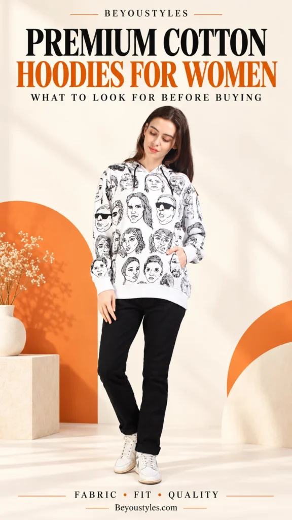 Woman wearing a white hoodie with black face illustrations, featured in Beyoustyles’ premium cotton hoodies for women buying guide.
