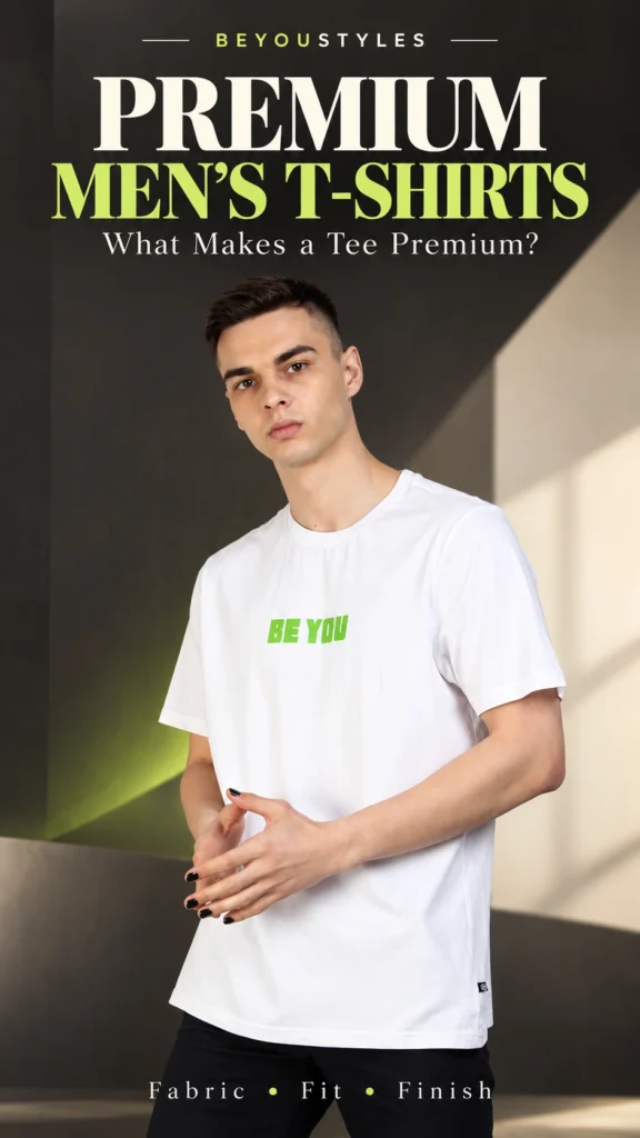Male model wearing a white round-neck T-shirt with a green BE YOU graphic in a Beyoustyles premium men’s T-shirts thumbnail.