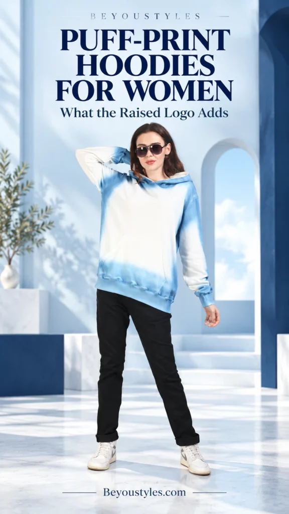 Woman wearing a white and blue hoodie with black trousers in a blue studio setting, with Beyoustyles puff-print hoodie blog title.