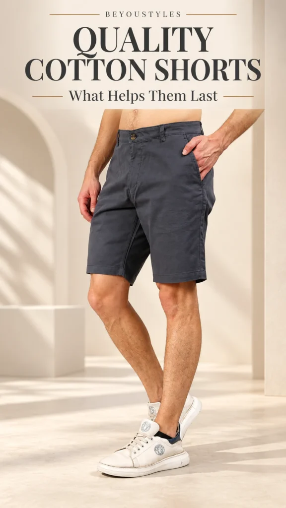Man wearing charcoal grey cotton shorts and white trainers against an ivory studio background.