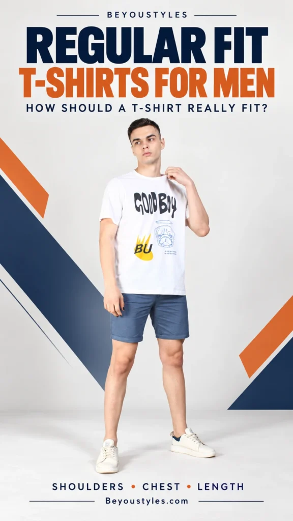 Man wearing a white graphic T-shirt and blue shorts in Beyoustyles’ regular fit T-shirts for men guide.
