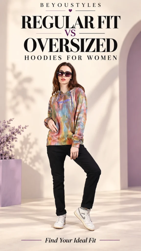 Woman wearing a multicolour hoodie in a Beyoustyles regular fit vs oversized hoodies for women guide.