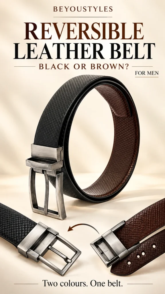 Beyoustyles reversible leather belt for men showing black and brown textured sides with a silver-tone buckle.