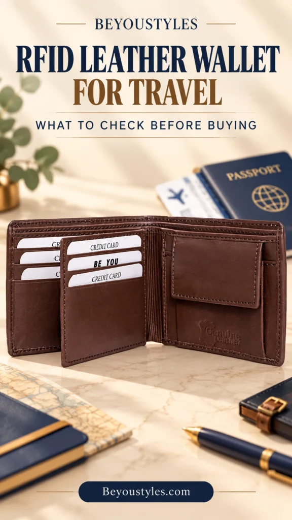 Open brown leather wallet with card slots, an extra card flap and coin pocket beside a passport in a Beyoustyles travel-guide thumbnail.