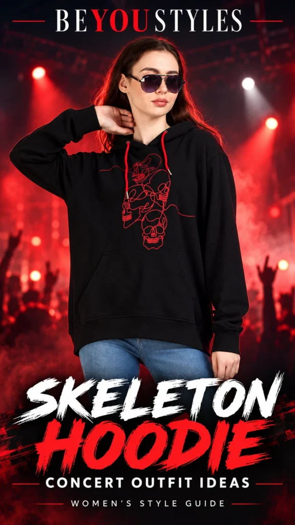 Woman wearing a black skeleton graphic hoodie and blue jeans against a red concert backdrop — Beyoustyles concert outfit ideas.