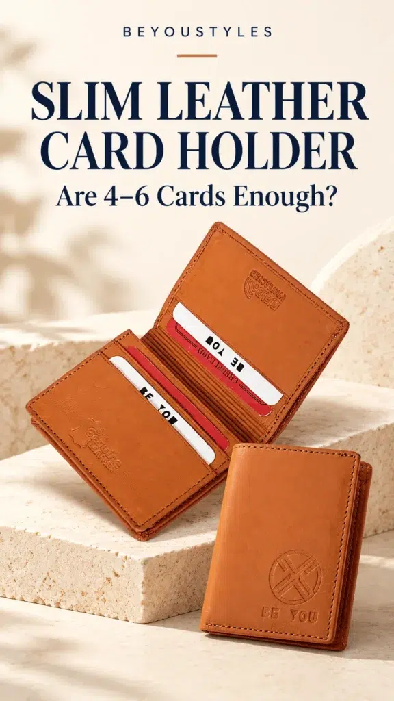 Open and closed views of a tan leather card holder displayed on cream stone platforms, with cards visible inside.