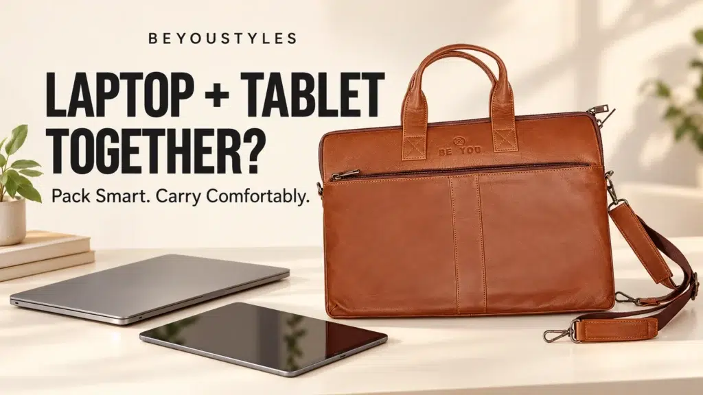Classic tan leather laptop bag with handles and detachable strap, with a laptop and tablet in the foreground.