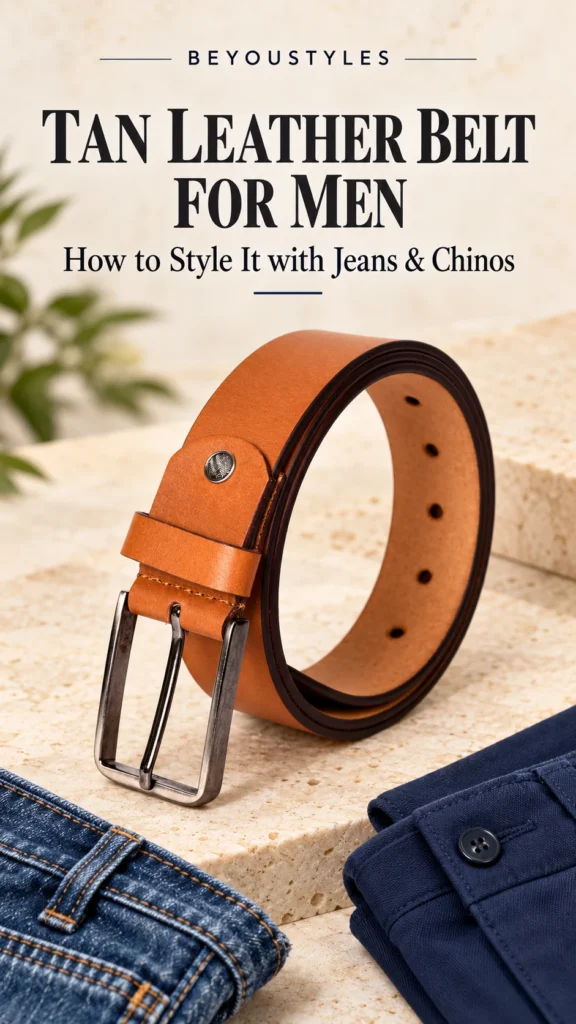 Coiled tan leather belt with a gunmetal pin buckle beside blue jeans and navy chinos.