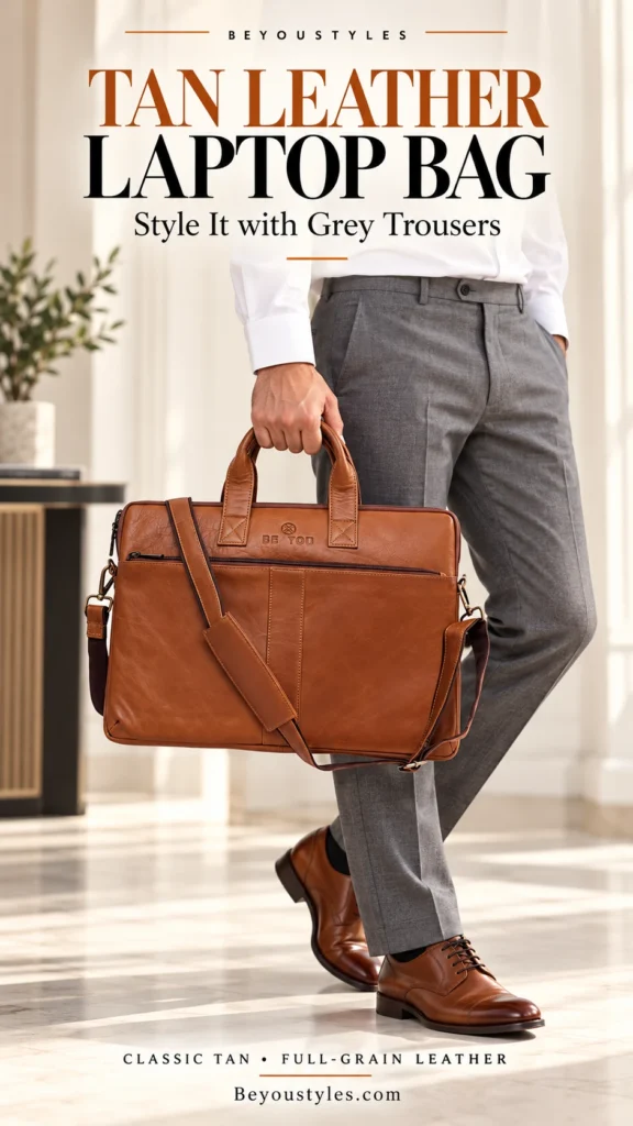 Man in grey trousers, a white shirt and brown shoes holding a tan BE YOU leather laptop bag with a detachable shoulder strap.