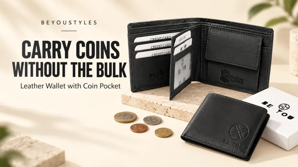 Open black leather coin-pocket wallet above a closed wallet, Beyoustyles gift box and loose change.