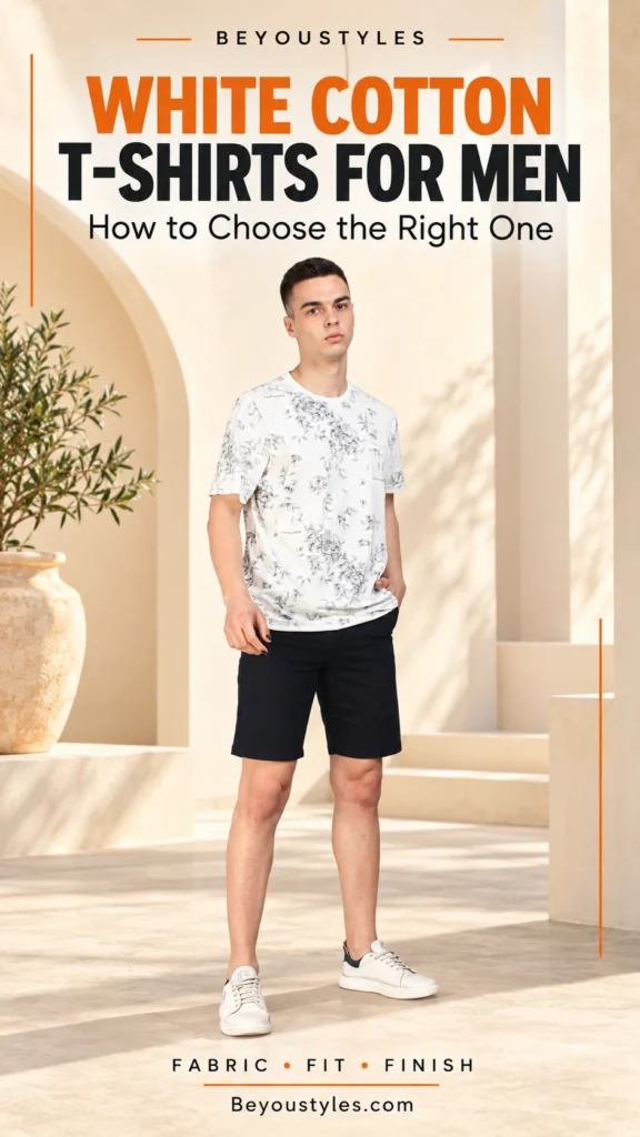 Man wearing a white T-shirt with a grey abstract print, black shorts and white trainers in an ivory studio setting.
