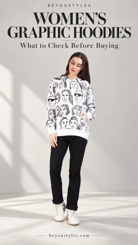 Woman wearing a white hoodie with black illustrated face prints, black trousers and white trainers.